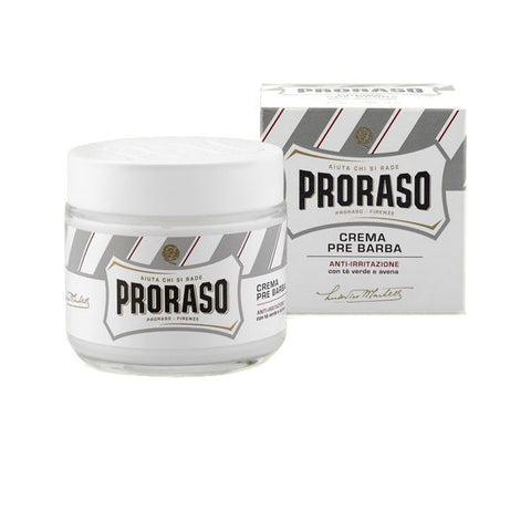 Proraso "White" Pre/Post Shave Cream - Sensitive Skin Formula with Green Tea and Oat - 100 ml/3.6 oz Glass Jar