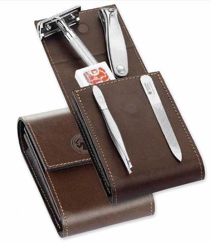 Dovo Deluxe 3-Piece Manicure Set with Merkur 23C Safety Razor in Brown Cowhide