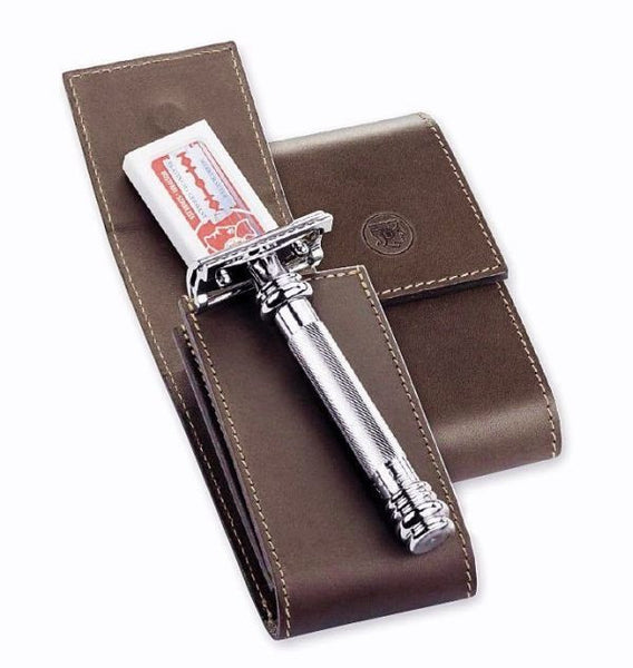 Safety Razor Cased in Deluxe Brown Cowhide - Adjustable